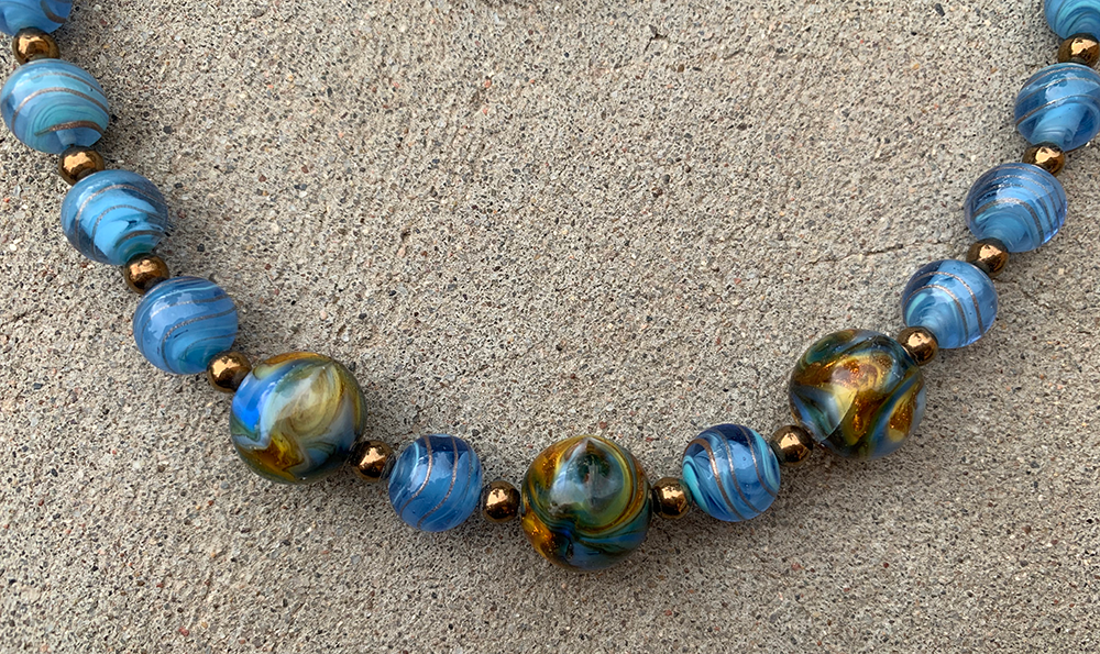 Necklace Set | Cherry Brand blue/gold givre rounds, German marbled lampwork