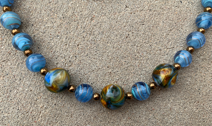 Necklace Set | Cherry Brand blue/gold givre rounds, German marbled lampwork