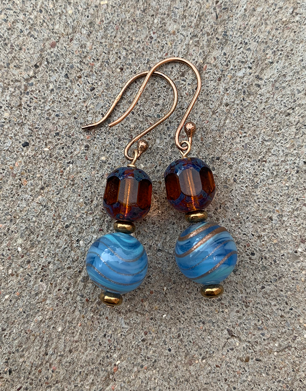 Necklace Set | Cherry Brand blue/gold givre rounds, German marbled lampwork