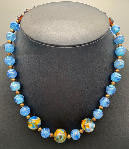 Necklace Set | Cherry Brand blue/gold givre rounds, German marbled lampwork