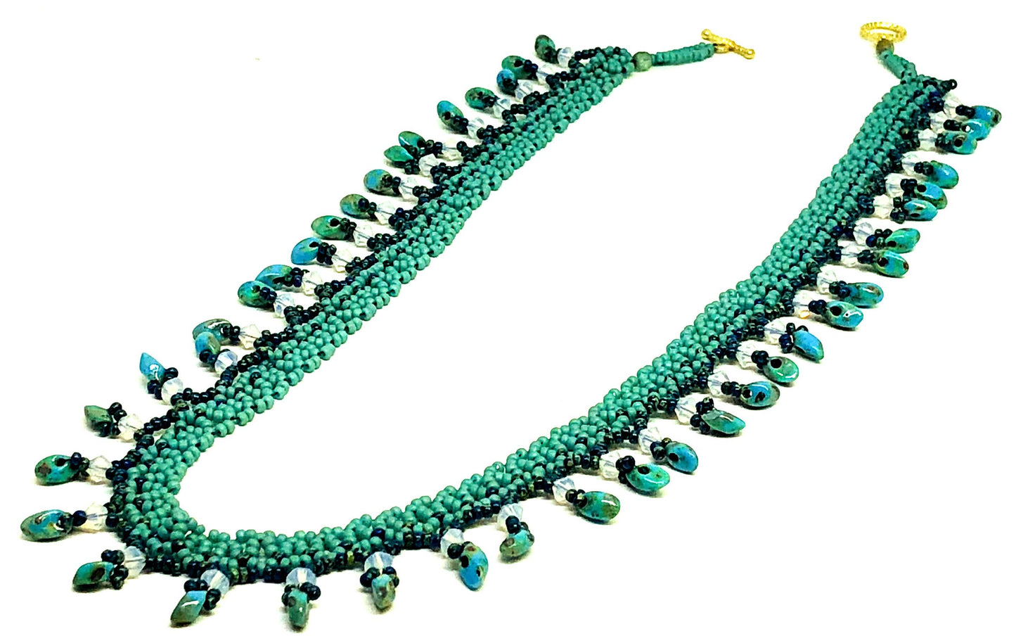 Handmade Turquoise Picasso Magatama Netting Beadweaving Necklace