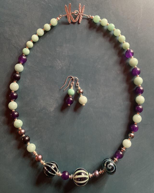 Necklace set | Artisan lampwork focal rounds, sea sky palette, Burma jade, purple jade, freshwater pearls, dragonfly clasp