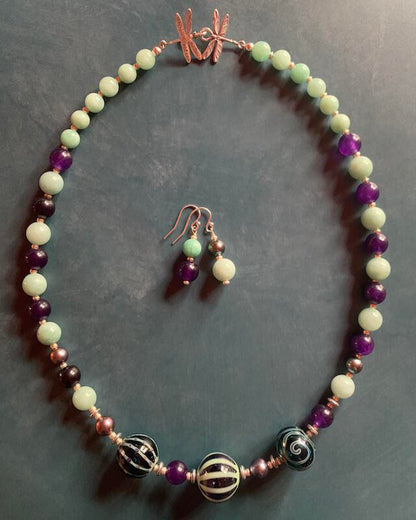Necklace set | Artisan lampwork focal rounds, sea sky palette, Burma jade, purple jade, freshwater pearls, dragonfly clasp