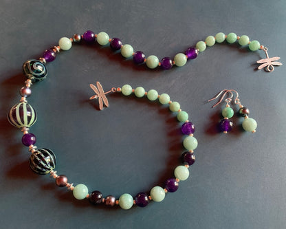 Necklace set | Artisan lampwork focal rounds, sea sky palette, Burma jade, purple jade, freshwater pearls, dragonfly clasp