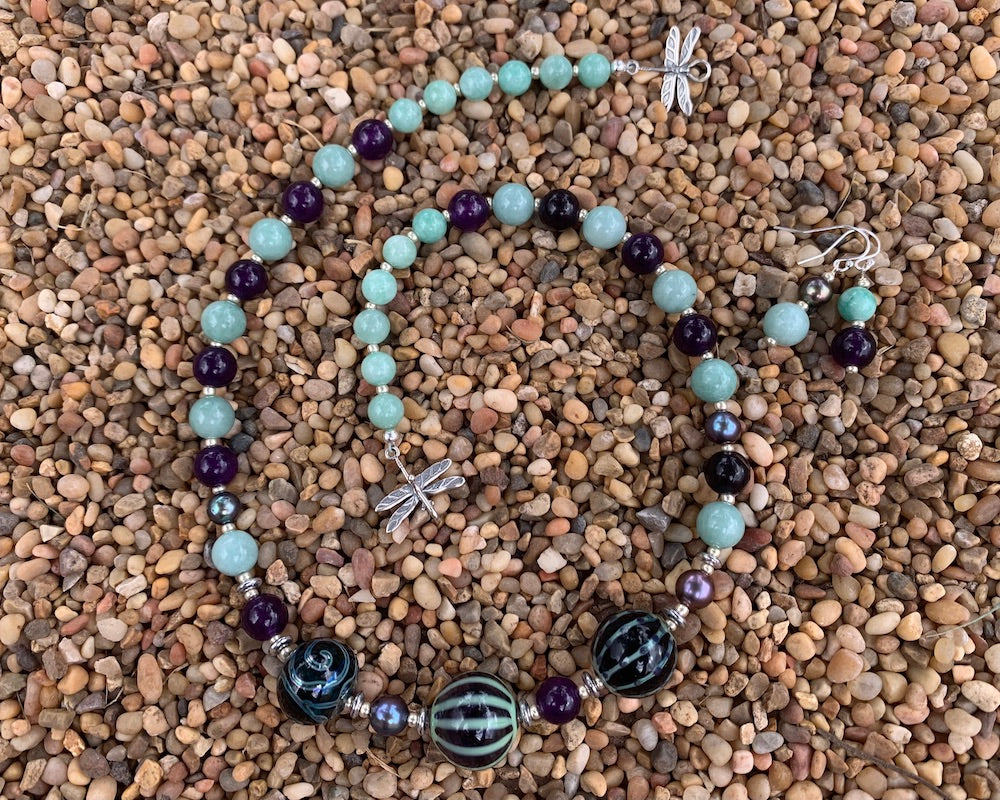 Necklace set | Artisan lampwork focal rounds, sea sky palette, Burma jade, purple jade, freshwater pearls, dragonfly clasp