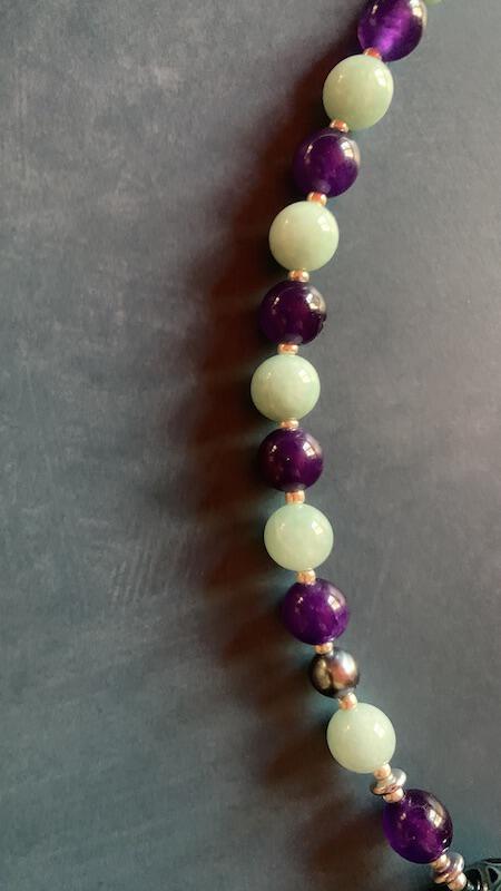 Necklace set | Artisan lampwork focal rounds, sea sky palette, Burma jade, purple jade, freshwater pearls, dragonfly clasp