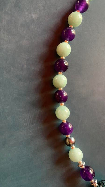 Necklace set | Artisan lampwork focal rounds, sea sky palette, Burma jade, purple jade, freshwater pearls, dragonfly clasp