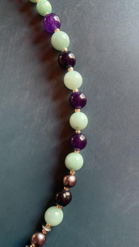 Necklace set | Artisan lampwork focal rounds, sea sky palette, Burma jade, purple jade, freshwater pearls, dragonfly clasp