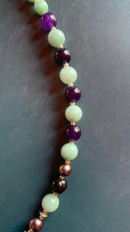 Necklace set | Artisan lampwork focal rounds, sea sky palette, Burma jade, purple jade, freshwater pearls, dragonfly clasp