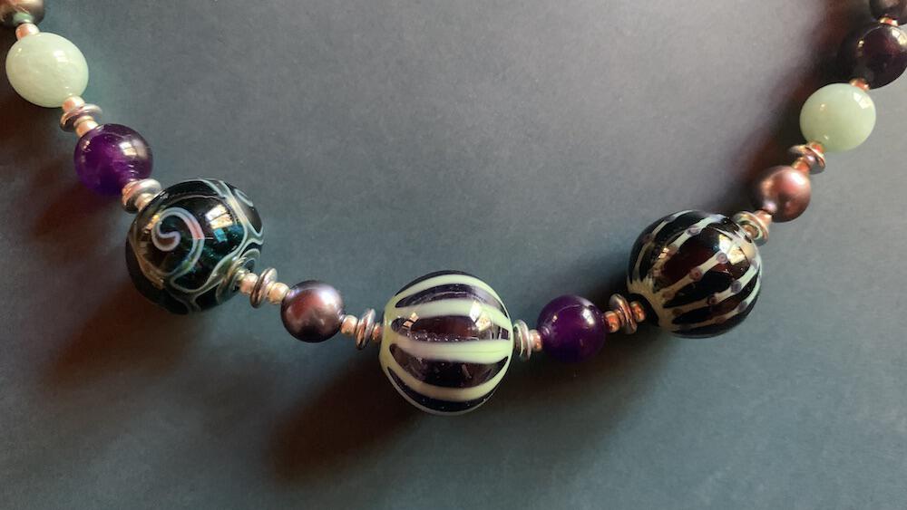 Necklace set | Artisan lampwork focal rounds, sea sky palette, Burma jade, purple jade, freshwater pearls, dragonfly clasp