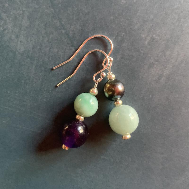 Necklace set | Artisan lampwork focal rounds, sea sky palette, Burma jade, purple jade, freshwater pearls, dragonfly clasp