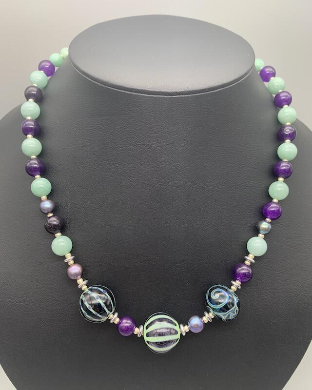 Necklace set | Artisan lampwork focal rounds, sea sky palette, Burma jade, purple jade, freshwater pearls, dragonfly clasp
