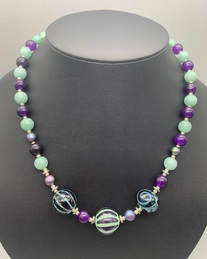 Necklace set | Artisan lampwork focal rounds, sea sky palette, Burma jade, purple jade, freshwater pearls, dragonfly clasp