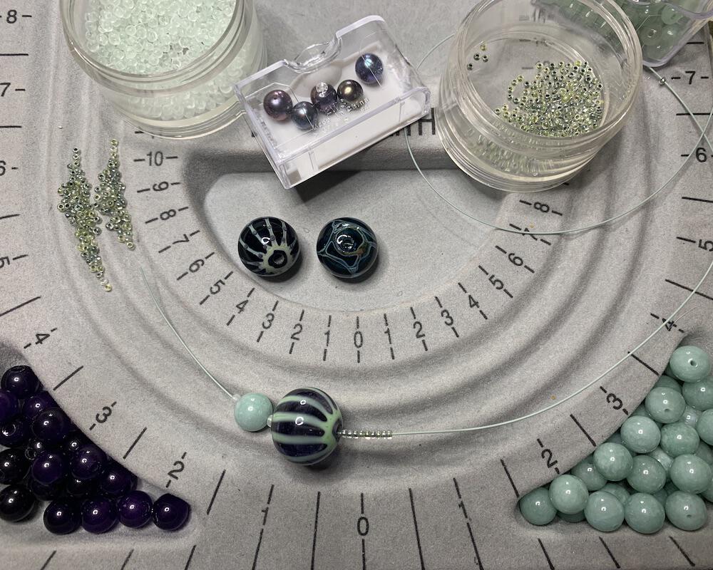 Necklace set | Artisan lampwork focal rounds, sea sky palette, Burma jade, purple jade, freshwater pearls, dragonfly clasp