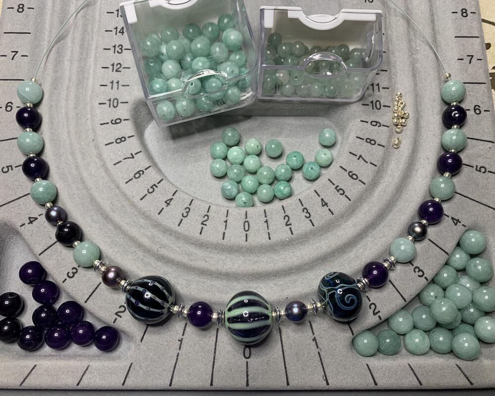 Necklace set | Artisan lampwork focal rounds, sea sky palette, Burma jade, purple jade, freshwater pearls, dragonfly clasp