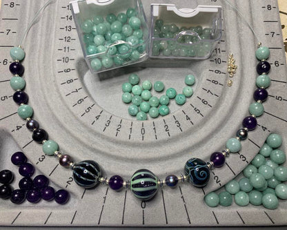 Necklace set | Artisan lampwork focal rounds, sea sky palette, Burma jade, purple jade, freshwater pearls, dragonfly clasp