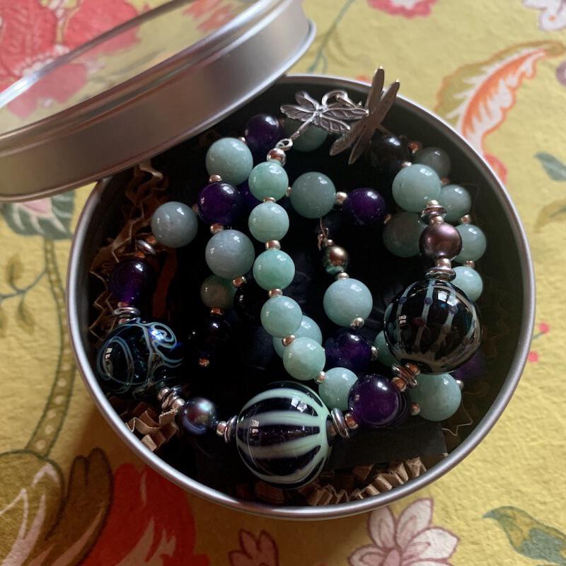 Necklace set | Artisan lampwork focal rounds, sea sky palette, Burma jade, purple jade, freshwater pearls, dragonfly clasp