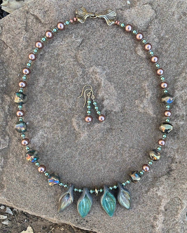 Necklace set | artisan raku leaf pendants, raku boulders, glass pearls, bronze gingko leaf clasp