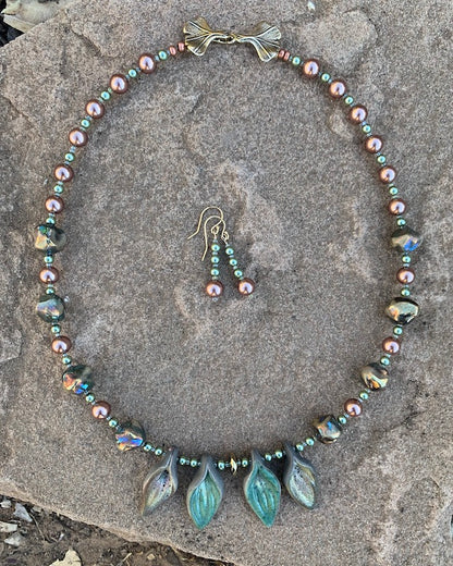 Necklace set | artisan raku leaf pendants, raku boulders, glass pearls, bronze gingko leaf clasp