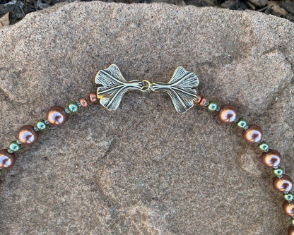 Necklace set | artisan raku leaf pendants, raku boulders, glass pearls, bronze gingko leaf clasp