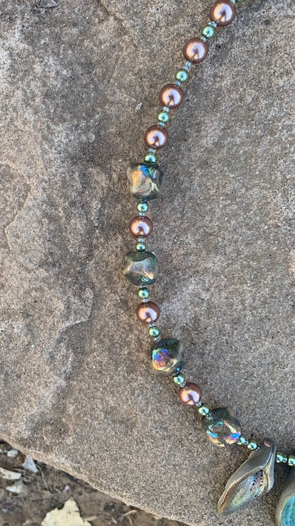 Necklace set | artisan raku leaf pendants, raku boulders, glass pearls, bronze gingko leaf clasp