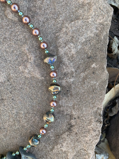 Necklace set | artisan raku leaf pendants, raku boulders, glass pearls, bronze gingko leaf clasp