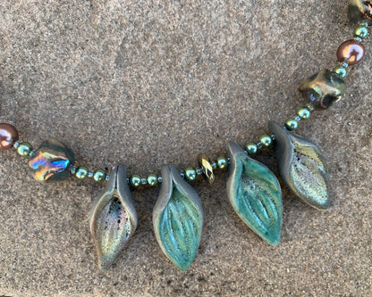 Necklace set | artisan raku leaf pendants, raku boulders, glass pearls, bronze gingko leaf clasp