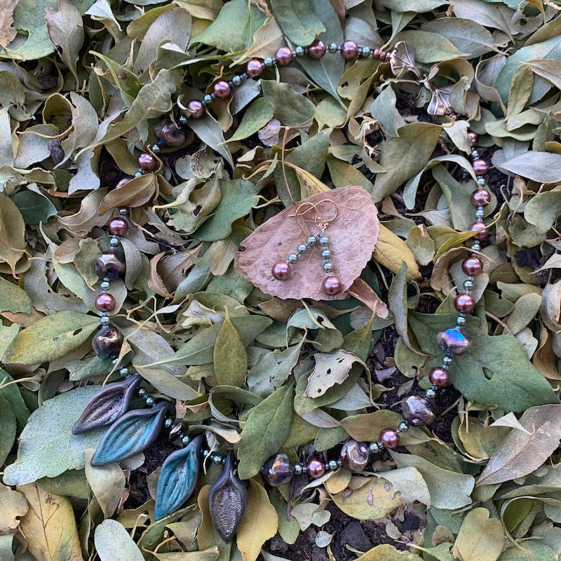 Necklace set | artisan raku leaf pendants, raku boulders, glass pearls, bronze gingko leaf clasp