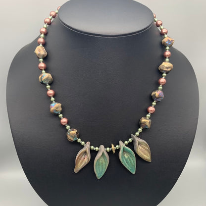 Necklace set | artisan raku leaf pendants, raku boulders, glass pearls, bronze gingko leaf clasp