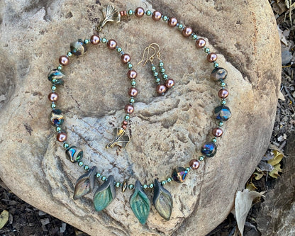 Necklace set | artisan raku leaf pendants, raku boulders, glass pearls, bronze gingko leaf clasp