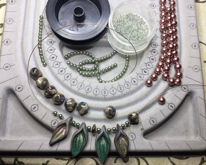 Necklace set | artisan raku leaf pendants, raku boulders, glass pearls, bronze gingko leaf clasp