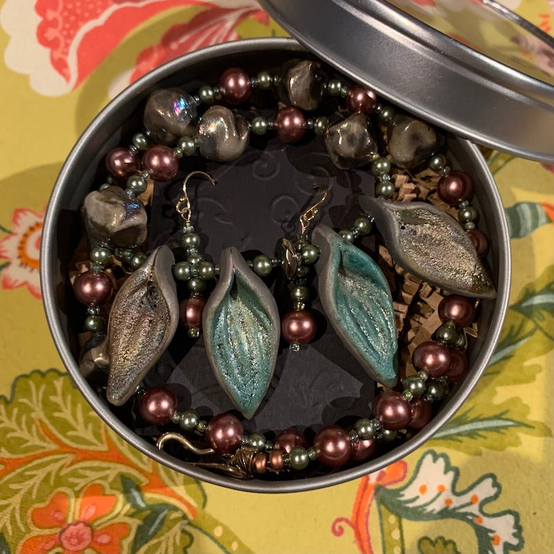 Necklace set | artisan raku leaf pendants, raku boulders, glass pearls, bronze gingko leaf clasp