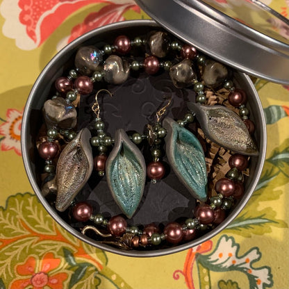 Necklace set | artisan raku leaf pendants, raku boulders, glass pearls, bronze gingko leaf clasp