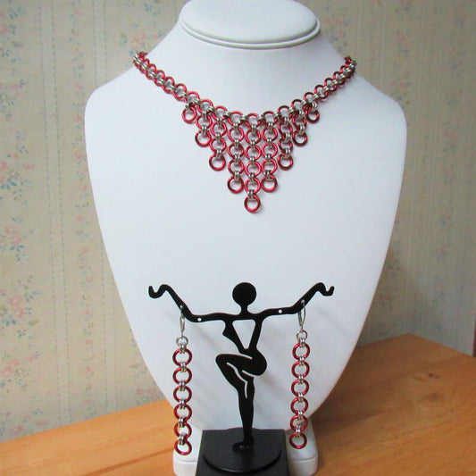 Chainmaille Waterfall Necklace and Earrings, Red and Silver