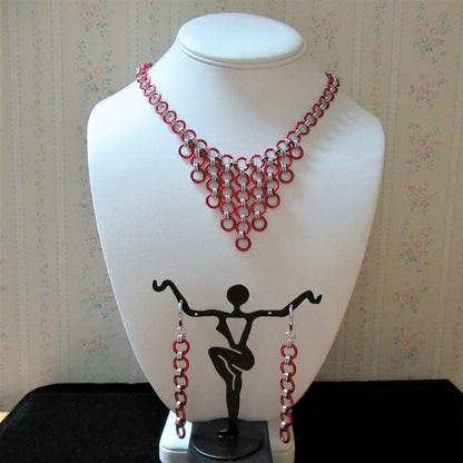 Chainmaille Waterfall Necklace and Earrings, Red and Silver