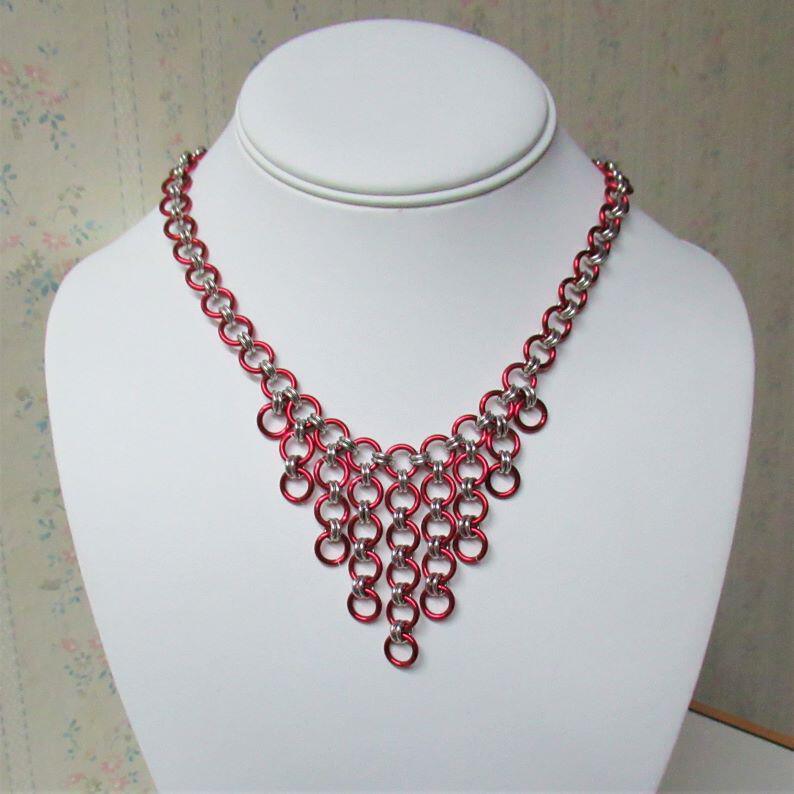Chainmaille Waterfall Necklace and Earrings, Red and Silver