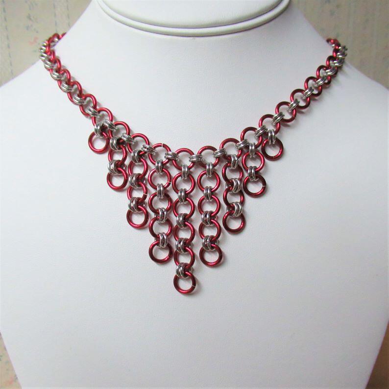 Chainmaille Waterfall Necklace and Earrings, Red and Silver