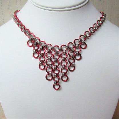 Chainmaille Waterfall Necklace and Earrings, Red and Silver