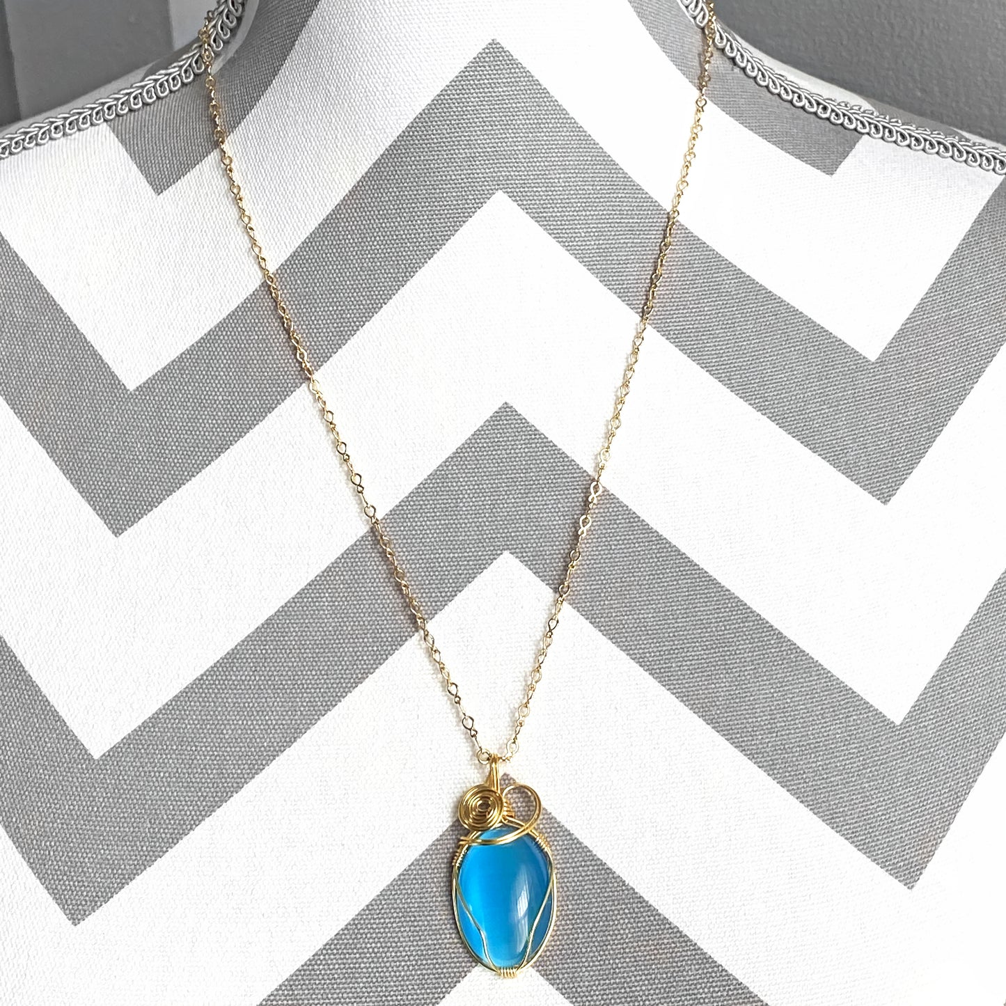 Wire Wrapped Aqua Cat's Eye Necklace, 26 Inches Long
