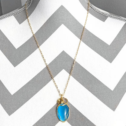 Wire Wrapped Aqua Cat's Eye Necklace, 26 Inches Long