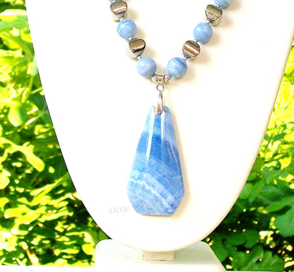 Chunky blue lace agate statement necklace and earring set with vivid blue agate semiprecious gemstones, adjustable length necklace
