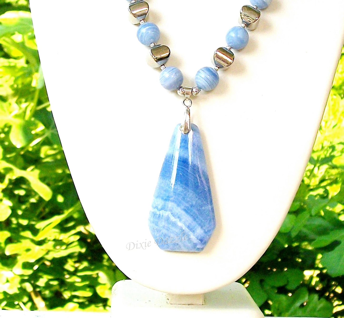 Chunky blue lace agate statement necklace and earring set with vivid blue agate semiprecious gemstones, adjustable length necklace