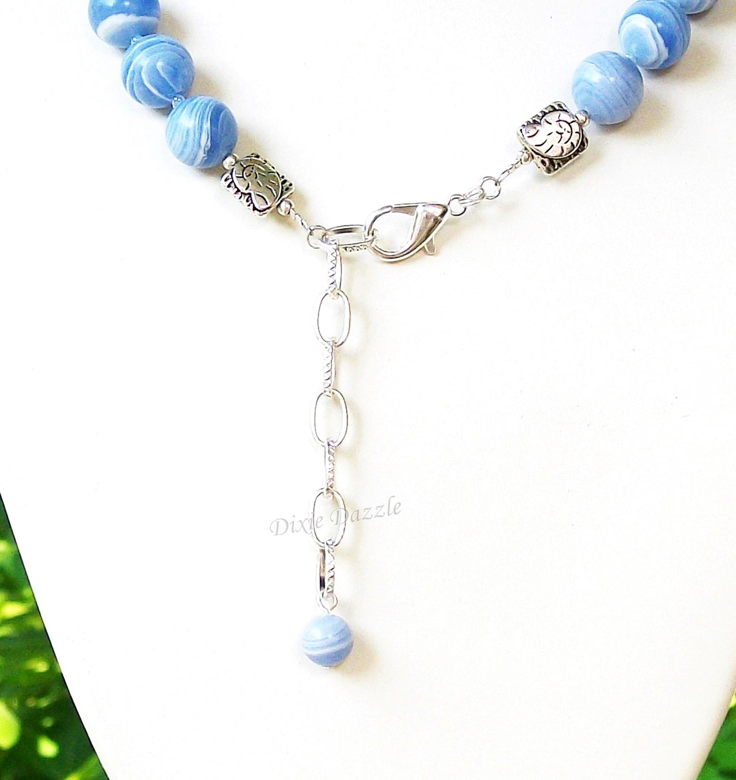 Chunky blue lace agate statement necklace and earring set with vivid blue agate semiprecious gemstones, adjustable length necklace