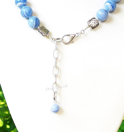 Chunky blue lace agate statement necklace and earring set with vivid blue agate semiprecious gemstones, adjustable length necklace