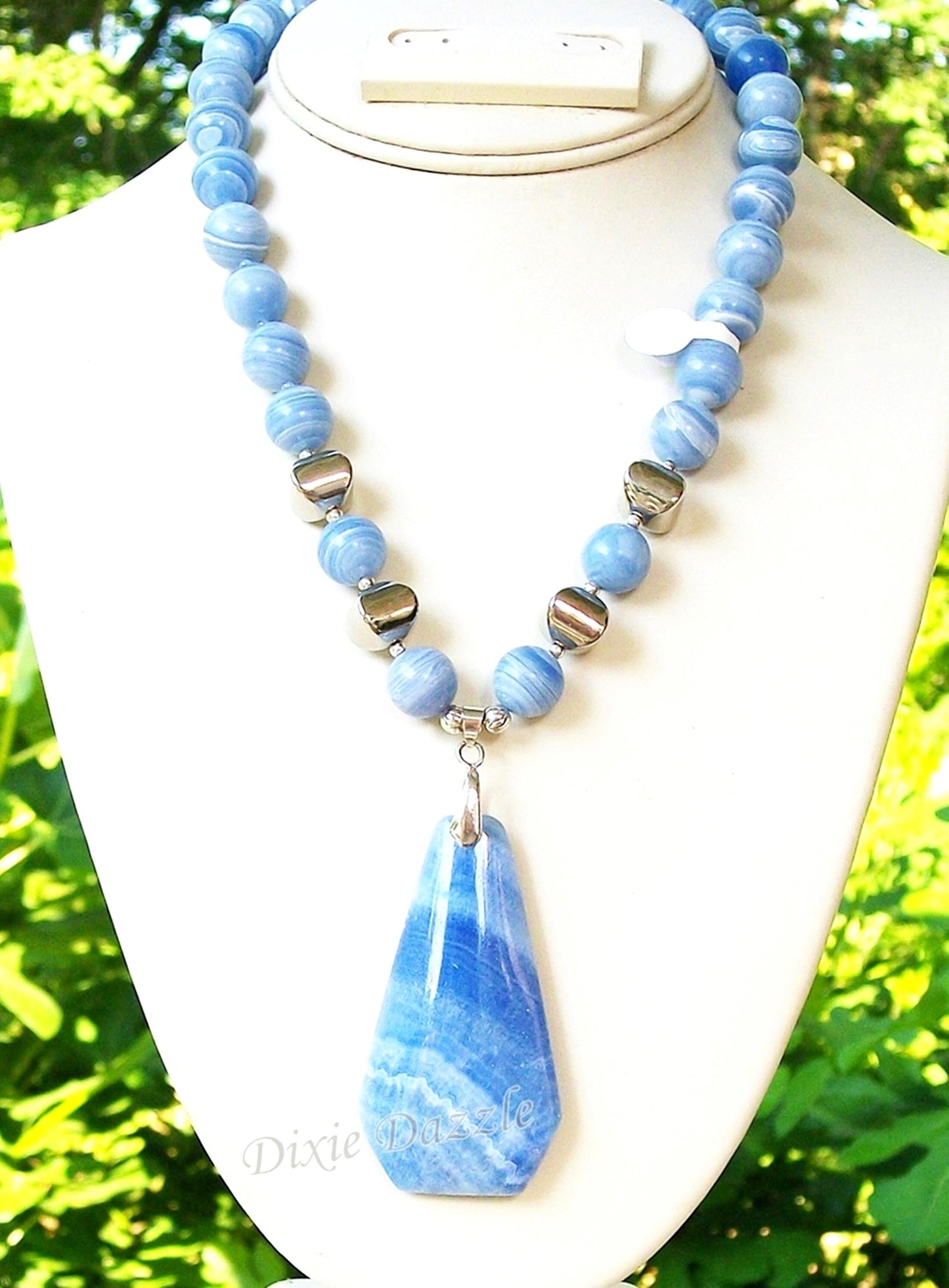 Chunky blue lace agate statement necklace and earring set with vivid blue agate semiprecious gemstones, adjustable length necklace