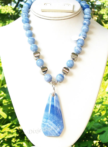 Chunky blue lace agate statement necklace and earring set with vivid blue agate semiprecious gemstones, adjustable length necklace