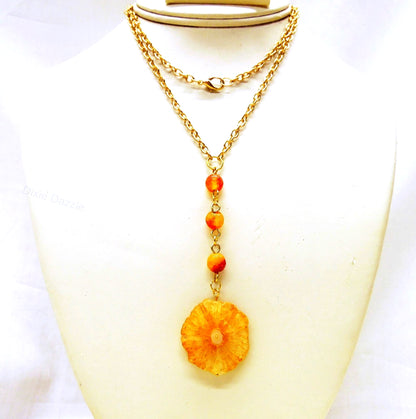 Orange and yellow solar quartz Y necklace with agate beads, fall colors, fall wardrobe essential, charm necklace, V neckline jewelry