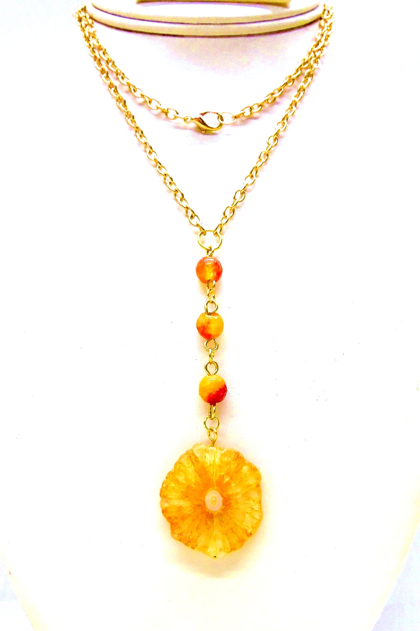 Orange and yellow solar quartz Y necklace with agate beads, fall colors, fall wardrobe essential, charm necklace, V neckline jewelry