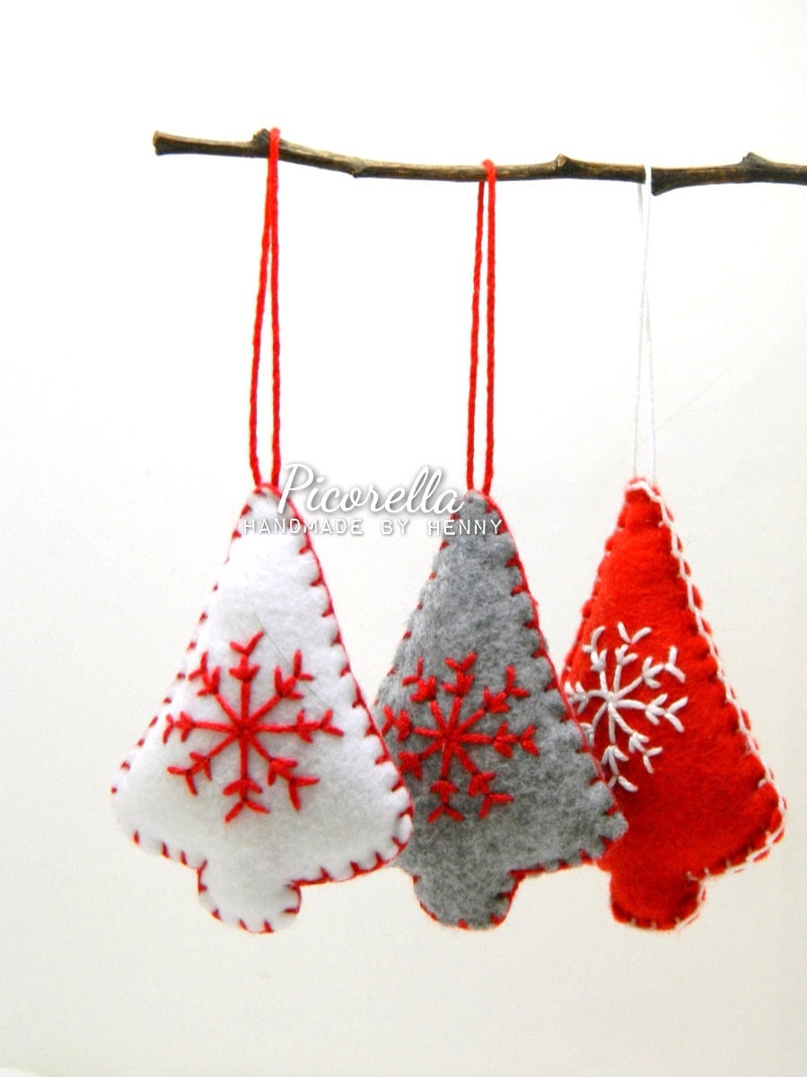 Set of 3 Christmas Tree Ornament, Felt Christmas Ornament, Christmas Snowflake, Grey Christmas Tree, White Christmas Tree