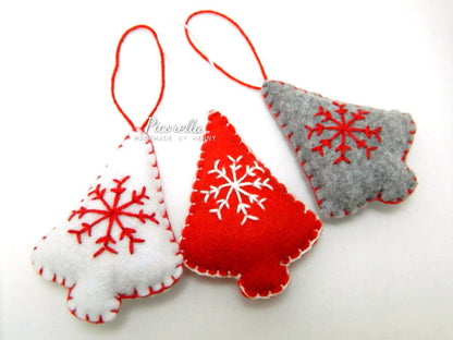 Set of 3 Christmas Tree Ornament, Felt Christmas Ornament, Christmas Snowflake, Grey Christmas Tree, White Christmas Tree